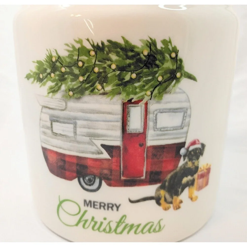 Merry Christmas Cookie Jar/Canister With Red And White Camper And Dog